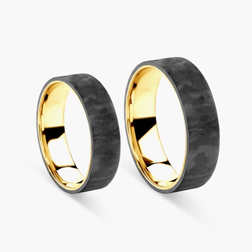 Obrączki ślubne: carbon, złote, płaskie, 6 mm